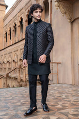 Black Jodhpuri Set in Silk with Handwork Jacket