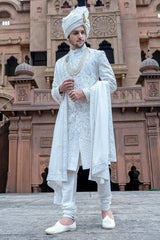 Pearl White Silk Embroidery and Zardosi Work Sherwani Set
