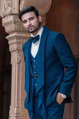 Teal Blue and White Imported Tuxedo Suit with Cutdana Work