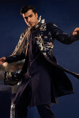 Navy Blue Imported Indo Western Set with French Knot and Cutdana Work