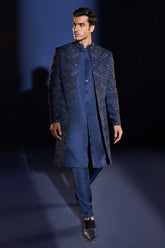 Blue Raw Silk Indo Western Set with Embroidery and Beads Work