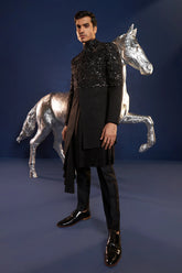 Black Imported Asymmetrical Indo Western Set with Cutdana Work