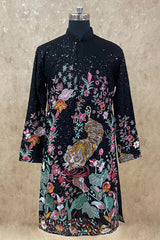 Black Georgette Floral Thread Embroidery Sequin Work Kurta Set with Animal Motifs