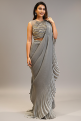 Grey Silk Heat Pleated Pre Stitched Fancy Saree