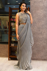 Grey Silk Heat Pleated Pre Stitched Fancy Saree
