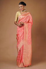 Flamingo Pink Woven Butti Saree in Muga Silk with Elephant and Peacock Motifs