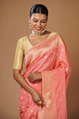 Flamingo Pink Woven Butti Saree in Muga Silk with Elephant and Peacock Motifs