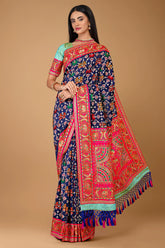 Blue Embroidery and Mirror Work Saree in Silk with Bird and Elephant Motifs