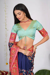 Blue Embroidery and Mirror Work Saree in Silk with Bird and Elephant Motifs