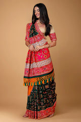 Forest Green Embroidered Saree in Silk with Contrast Border and Pallu