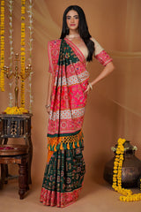 Forest Green Embroidered Saree in Silk with Contrast Border and Pallu