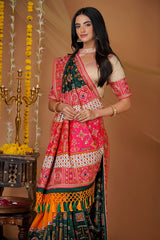 Forest Green Embroidered Saree in Silk with Contrast Border and Pallu