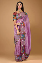 Mauve Organza Silk Saree with Embroidery and Scallop Border