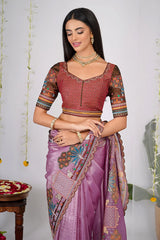 Mauve Organza Silk Saree with Embroidery and Scallop Border