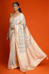 Peach and Grey All Over Woven Silk Saree