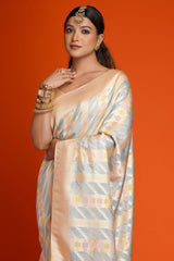 Peach and Grey All Over Woven Silk Saree
