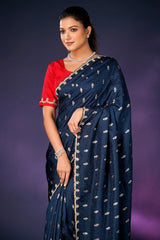 Peacock Blue Embroidery and Sequins Work Saree in Art Silk