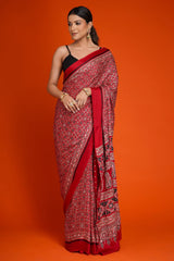 Maroon Art Silk Ajrakh Printed Saree with Paisley Motifs