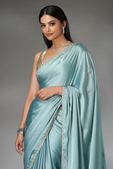 Light Blue Satin Silk Saree with Cutdana and Diamond Work