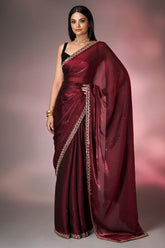 Dark Maroon Glass Tissue Handworked Saree