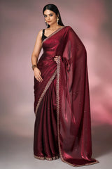 Dark Maroon Glass Tissue Handworked Saree