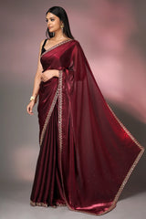 Dark Maroon Glass Tissue Handworked Saree