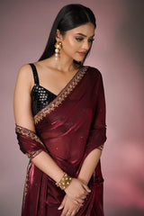 Dark Maroon Glass Tissue Handworked Saree