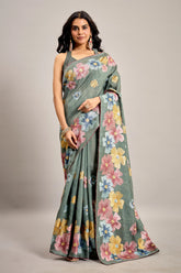 Grey Tussar Art Silk Saree with Floral Thread Embroidery