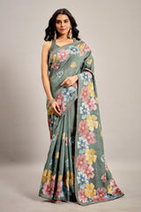 Grey Tussar Art Silk Saree with Floral Thread Embroidery