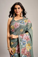 Grey Tussar Art Silk Saree with Floral Thread Embroidery