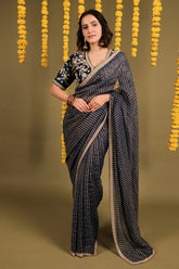 Dark Blue Georgette Woven Stripes Saree with Scallop Cutdana Border