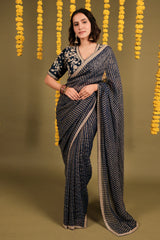 Dark Blue Georgette Woven Stripes Saree with Scallop Cutdana Border