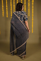 Dark Blue Georgette Woven Stripes Saree with Scallop Cutdana Border