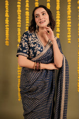 Dark Blue Georgette Woven Stripes Saree with Scallop Cutdana Border