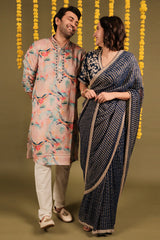 Dark Blue Georgette Woven Stripes Saree with Scallop Cutdana Border