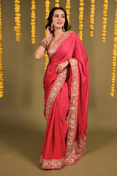 Red and Pink Shaded Crepe Silk Saree with Pitta Work Border