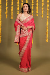 Red and Pink Shaded Crepe Silk Saree with Pitta Work Border