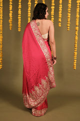Red and Pink Shaded Crepe Silk Saree with Pitta Work Border