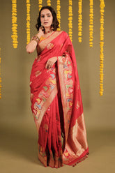 Pink Banarasi Silk Traditional Woven Saree with Human and Animal Motifs