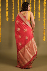 Pink Banarasi Silk Traditional Woven Saree with Human and Animal Motifs