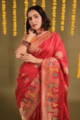 Pink Banarasi Silk Traditional Woven Saree with Human and Animal Motifs