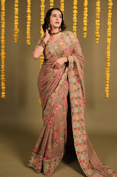 Mauve Georgette Digital Floral Printed Saree with Marodi and Lampi Gota Work Border
