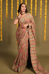 Mauve Georgette Digital Floral Printed Saree with Marodi and Lampi Gota Work Border