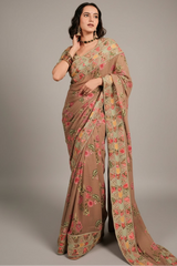 Mauve Georgette Digital Floral Printed Saree with Marodi and Lampi Gota Work Border