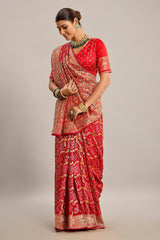 Red Satin Georgette Bandhej Woven Saree with Cutdana and Mirror Work