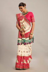 Cream Art Silk Traditional Embroidered Saree with Peacock Motifs