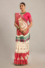 Cream Art Silk Traditional Embroidered Saree with Peacock Motifs