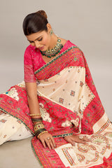 Cream Art Silk Traditional Embroidered Saree with Peacock Motifs