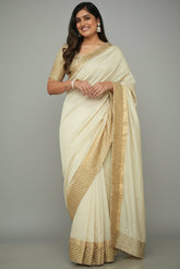 Off White Tussar Silk Traditional Saree and with Sequin and Weaving Border
