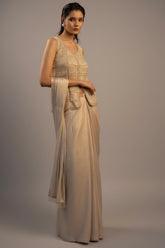 Off White Lycra Ready to Wear Saree with Beaded Fringe Long Blouse